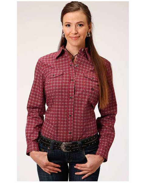 Image #1 - Roper Women's Red Geo Long Sleeve Western Shirt , Red, hi-res