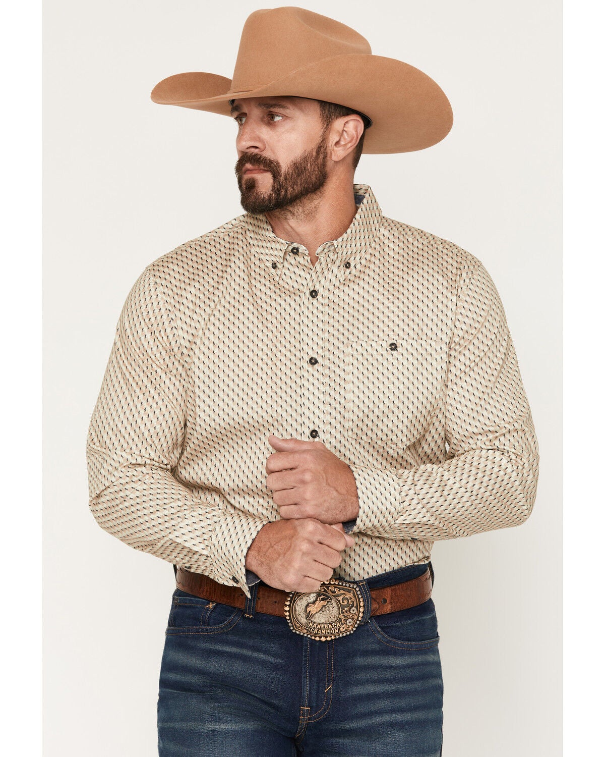 RANK 45&reg; Men's Men's Rowdy Geo Print Long Sleeve Button-Down Stretch Western Shirt, Tan, hi-res