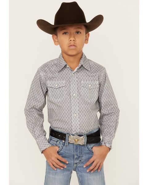 Wrangler Boys' 20X Advanced Comfort Geo Print Long Sleeve Snap Western Shirt, Grey, hi-res