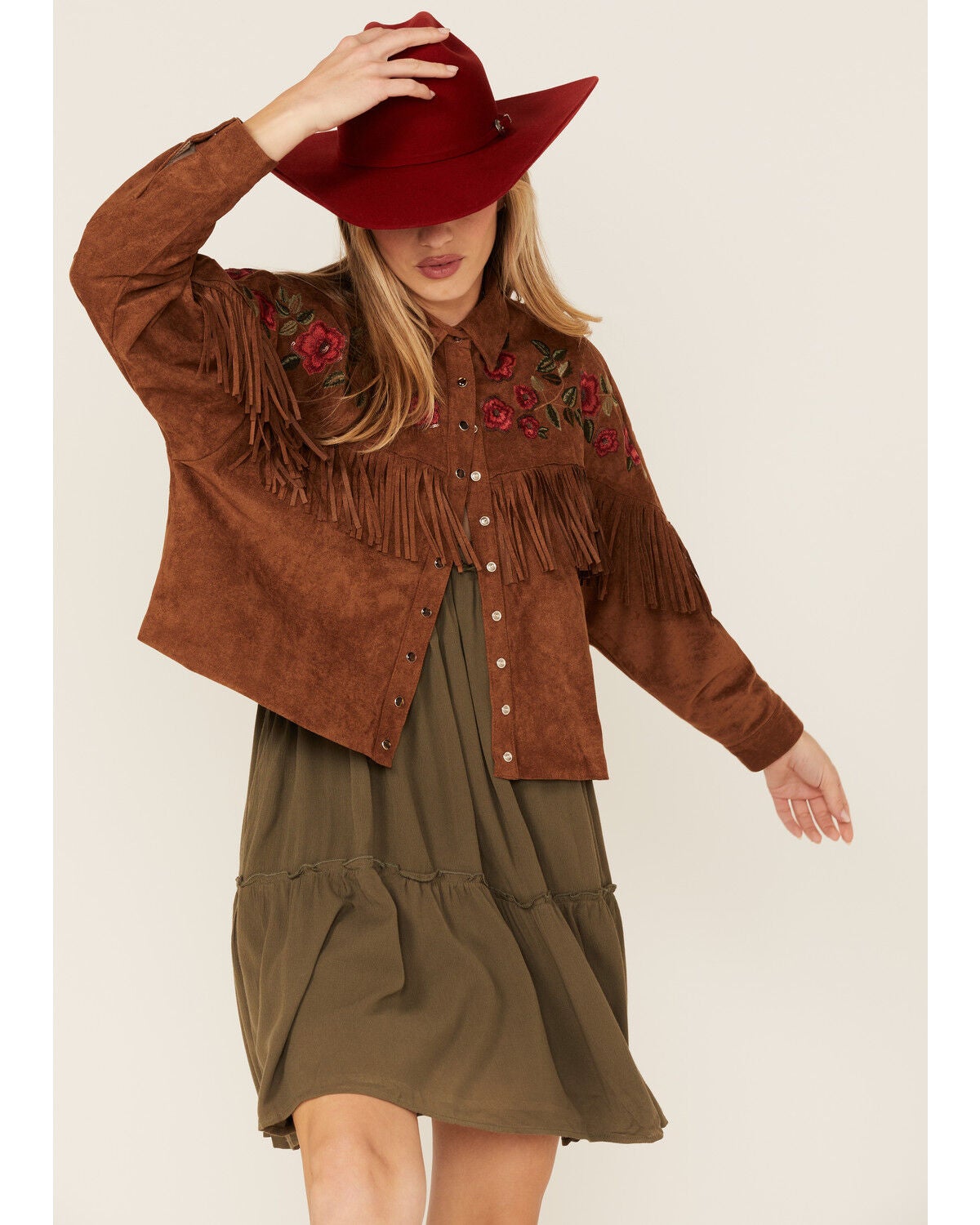 Maggie Sweet Women's Tango Floral Fringe Jacket, Tan, hi-res