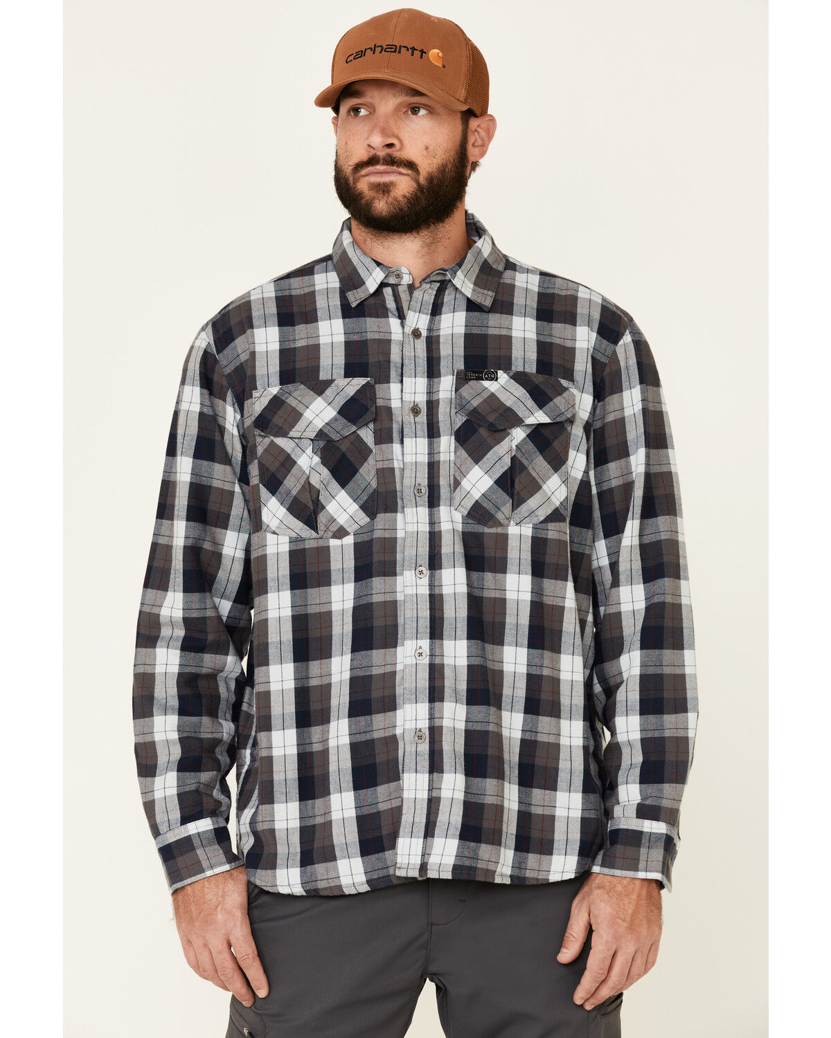 Image #1 - ATG by Wrangler Men's All Terrain Cabernet Plaid Long Sleeve Western Flannel Shirt, Red, hi-res