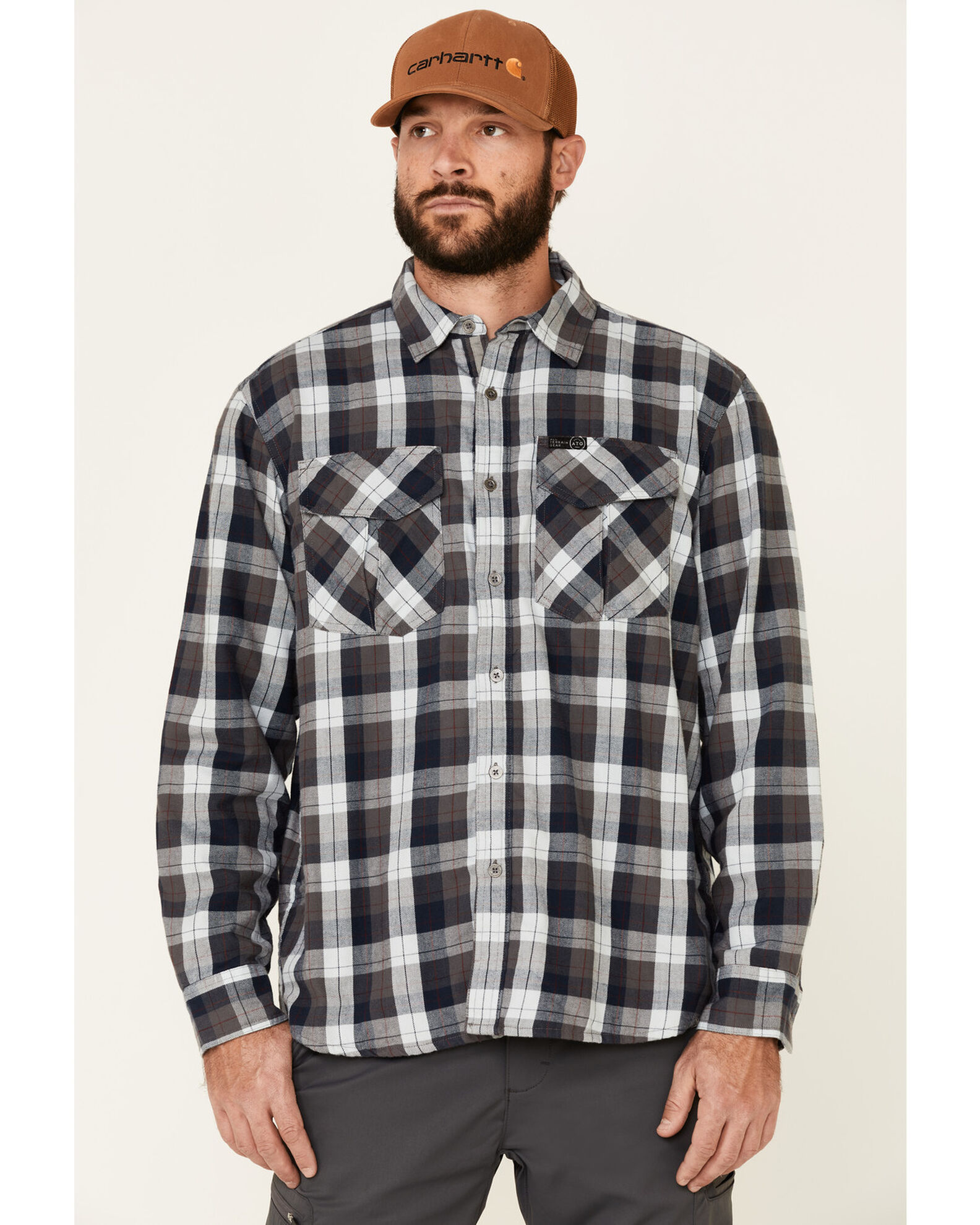 Image #1 - ATG by Wrangler Men's All Terrain Cabernet Plaid Long Sleeve Western Flannel Shirt, Red, hi-res