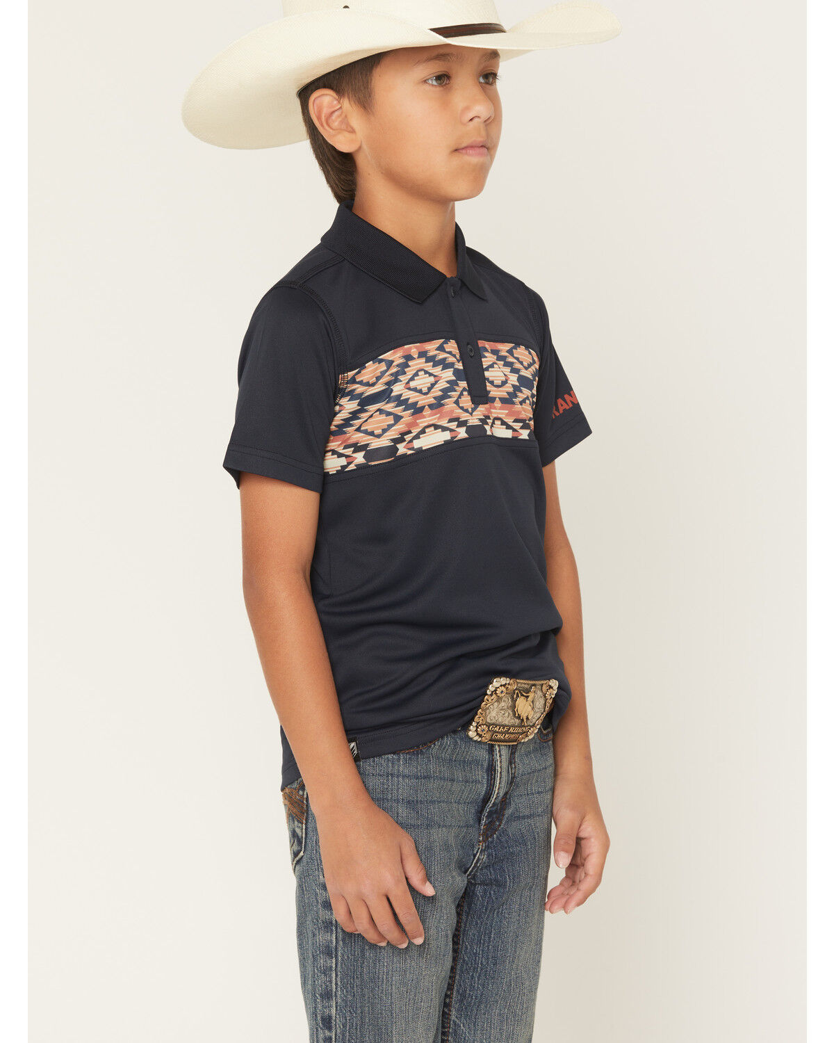 Image #2 - RANK 45® Boys' Southwestern Border Short Sleeve Button-Down Polo Shirt, Navy, hi-res
