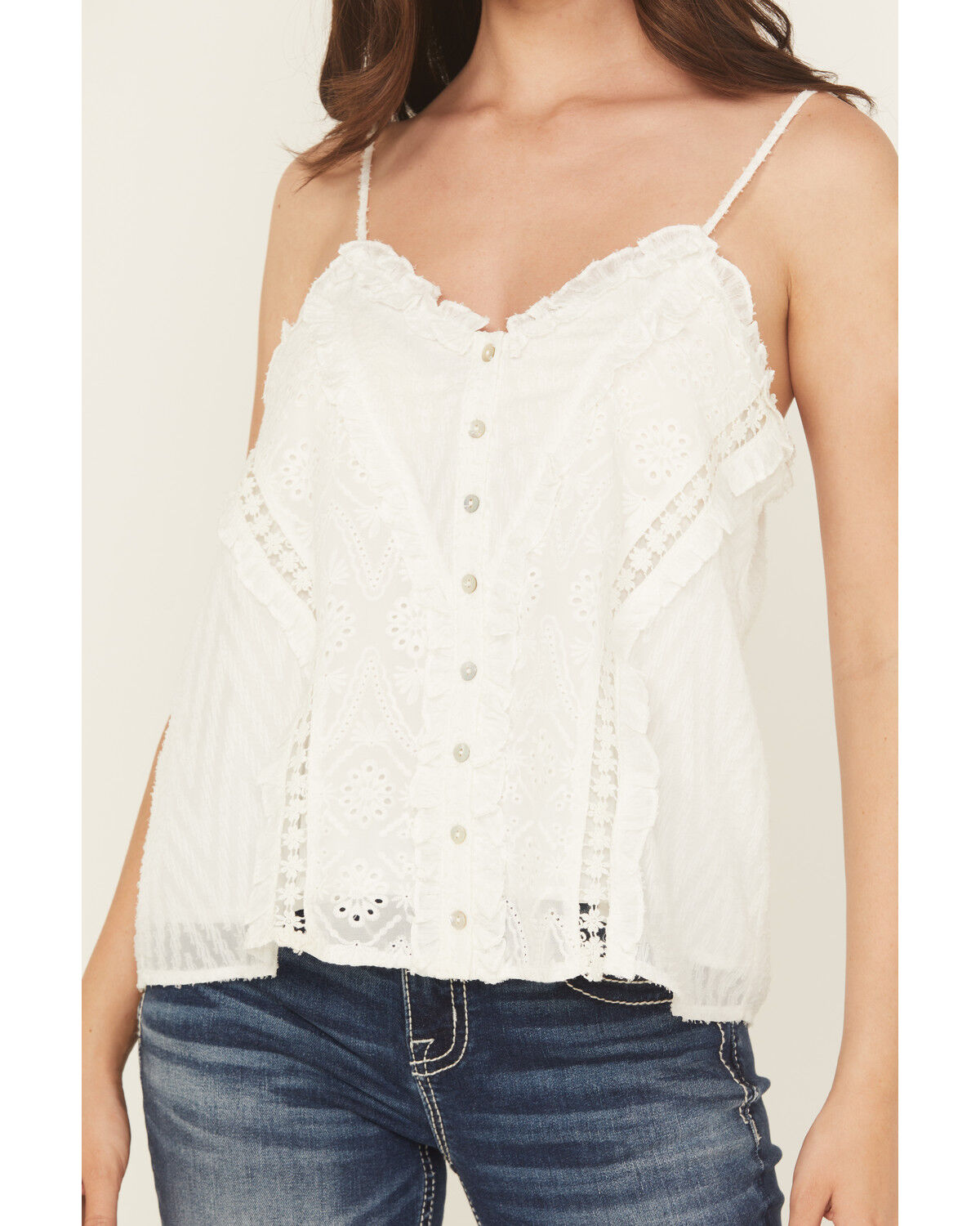 Image #3 - Miss Me Women's Eyelet Sleeveless Button-Down Ruffle Tank Top, Cream, hi-res
