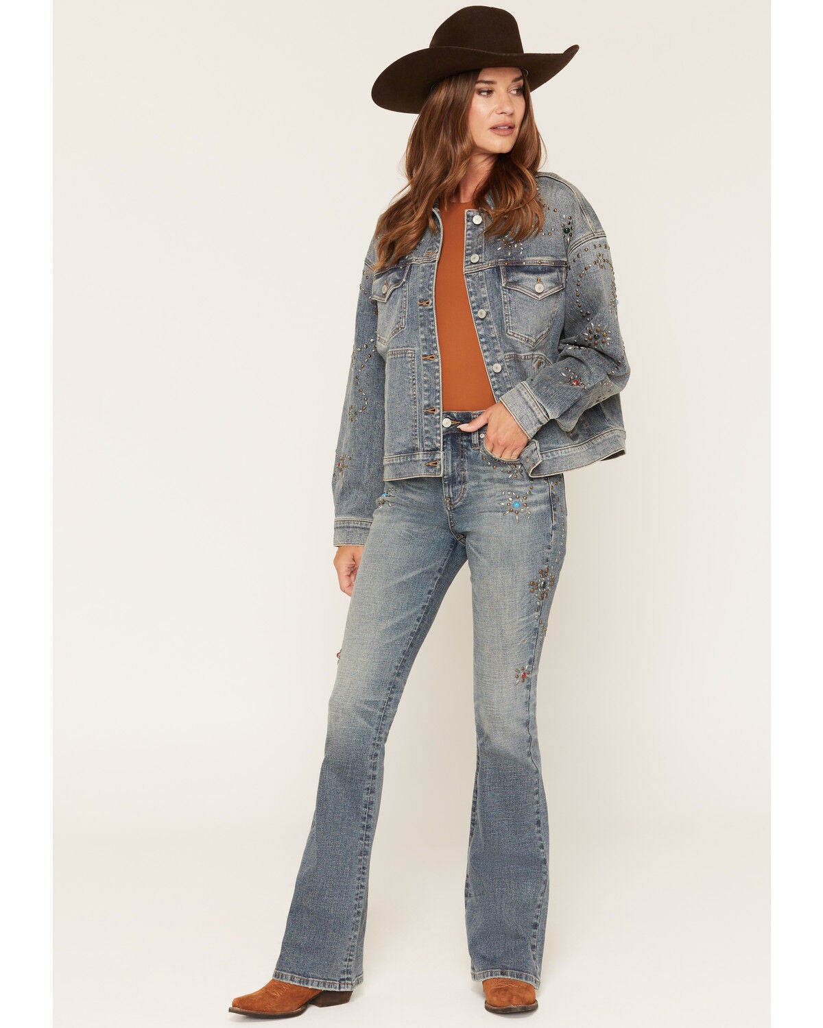 Shyanne Women's Spirit Studded Oversized Denim Jacket, Medium Wash, hi-res