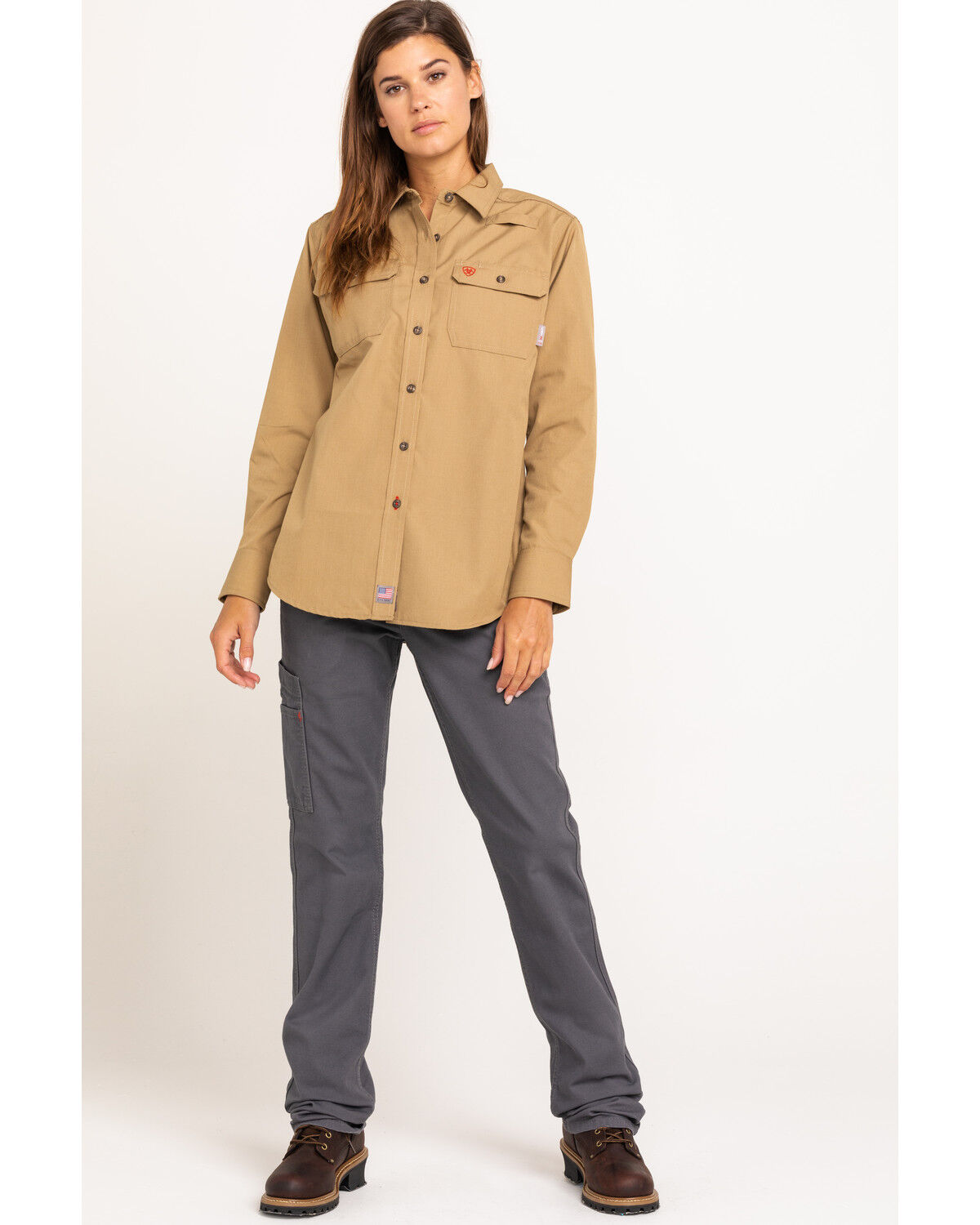 Image #6 - Ariat Women's FR Featherlight Long Sleeve Work Shirt, Beige/khaki, hi-res