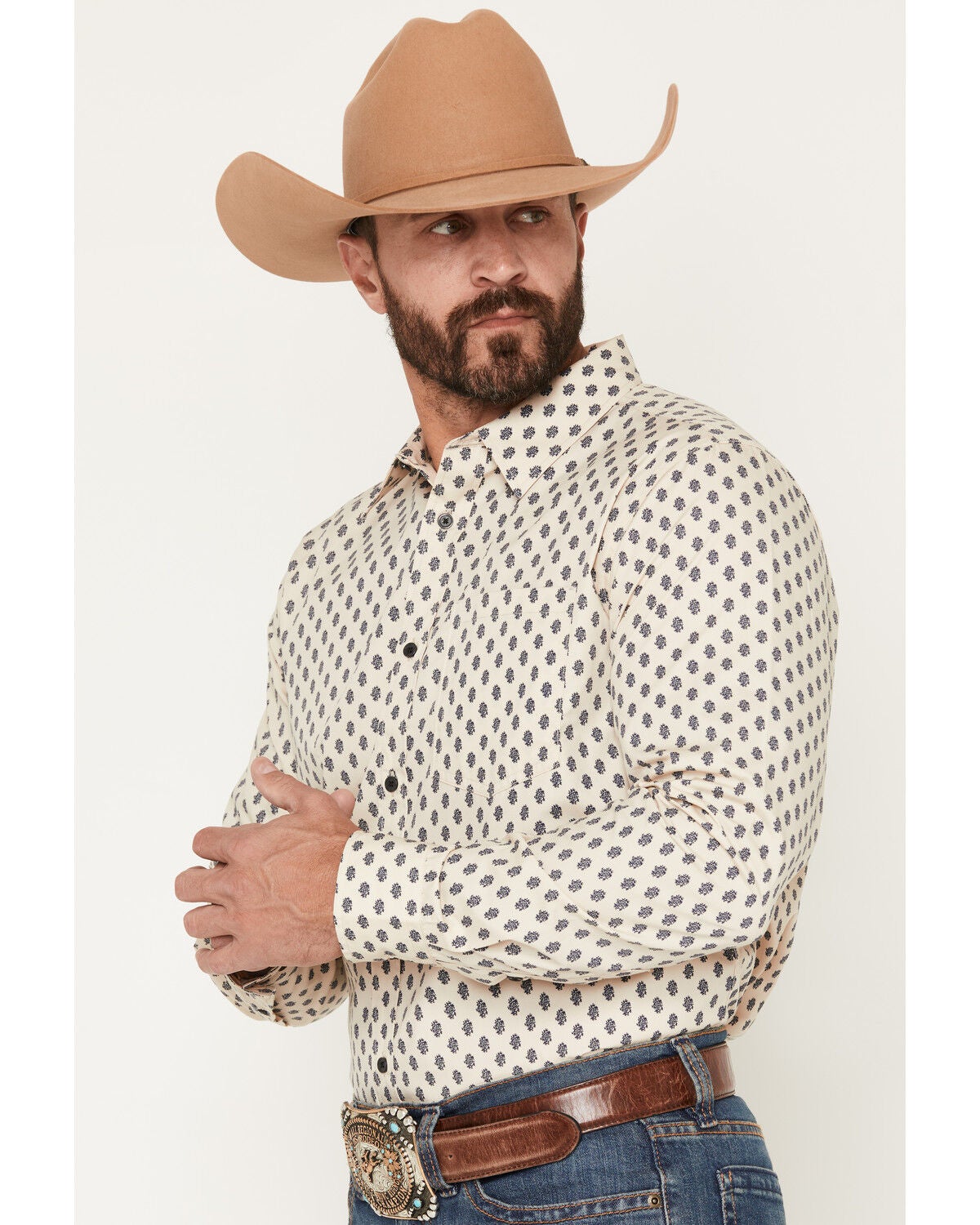 Image #2 - Gibson Trading Co Men's Old West Geo Print Long Sleeve Button-Down Western Shirt, Tan, hi-res