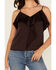 Image #3 - Shyanne Women's Solid Satin Ruffle Front Tank Top, Chocolate, hi-res