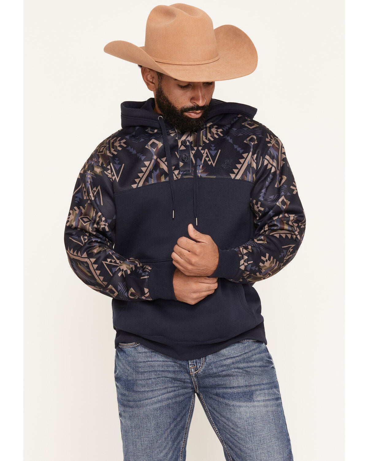 Hooey Men's Jimmy Southwestern Block Print Hooded Pullover, Navy, hi-res