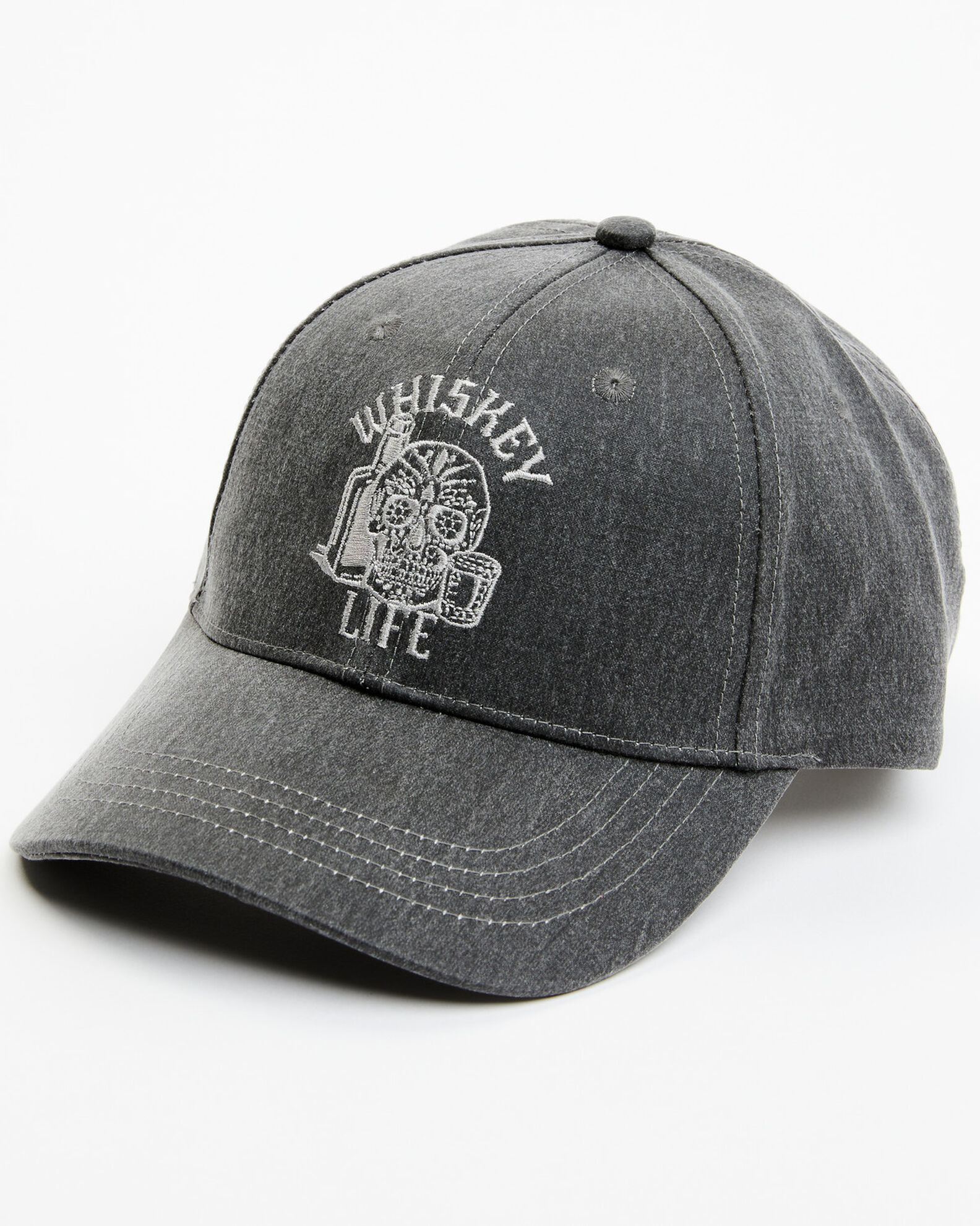 Image #1 - Moonshine Spirit Men's Embroidered Whiskey Life Skull Solid Ball Cap, Grey, hi-res