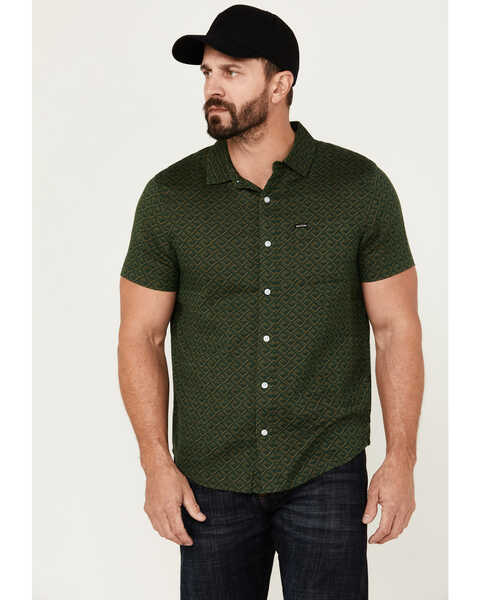 Brixton Men's Charter Tile Short Sleeve Button-Down Stretch Shirt , Dark Green, hi-res