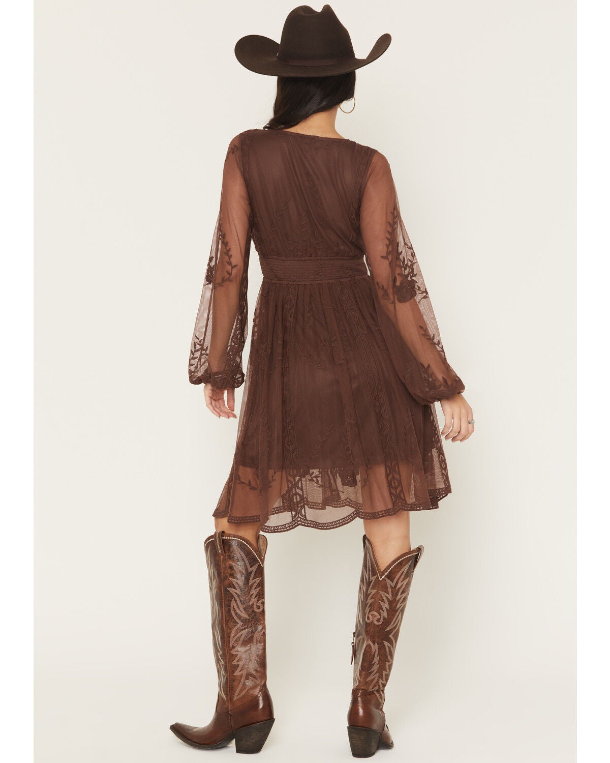 Image #4 - Shyanne Women's Embroidered Mesh Long Sleeve Button Front Mini Dress, Brown, hi-res