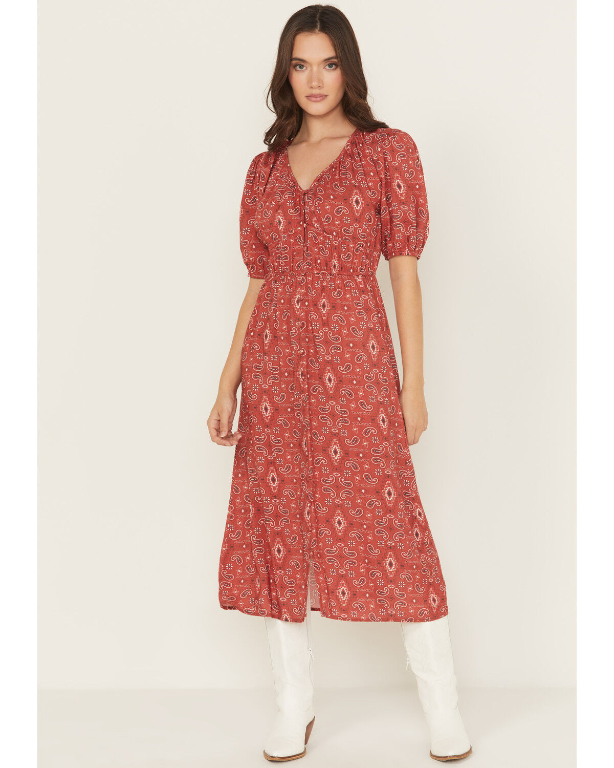 Image #1 - Panhandle Women's Paisley Print Puff Sleeve Midi Dress, Red, hi-res