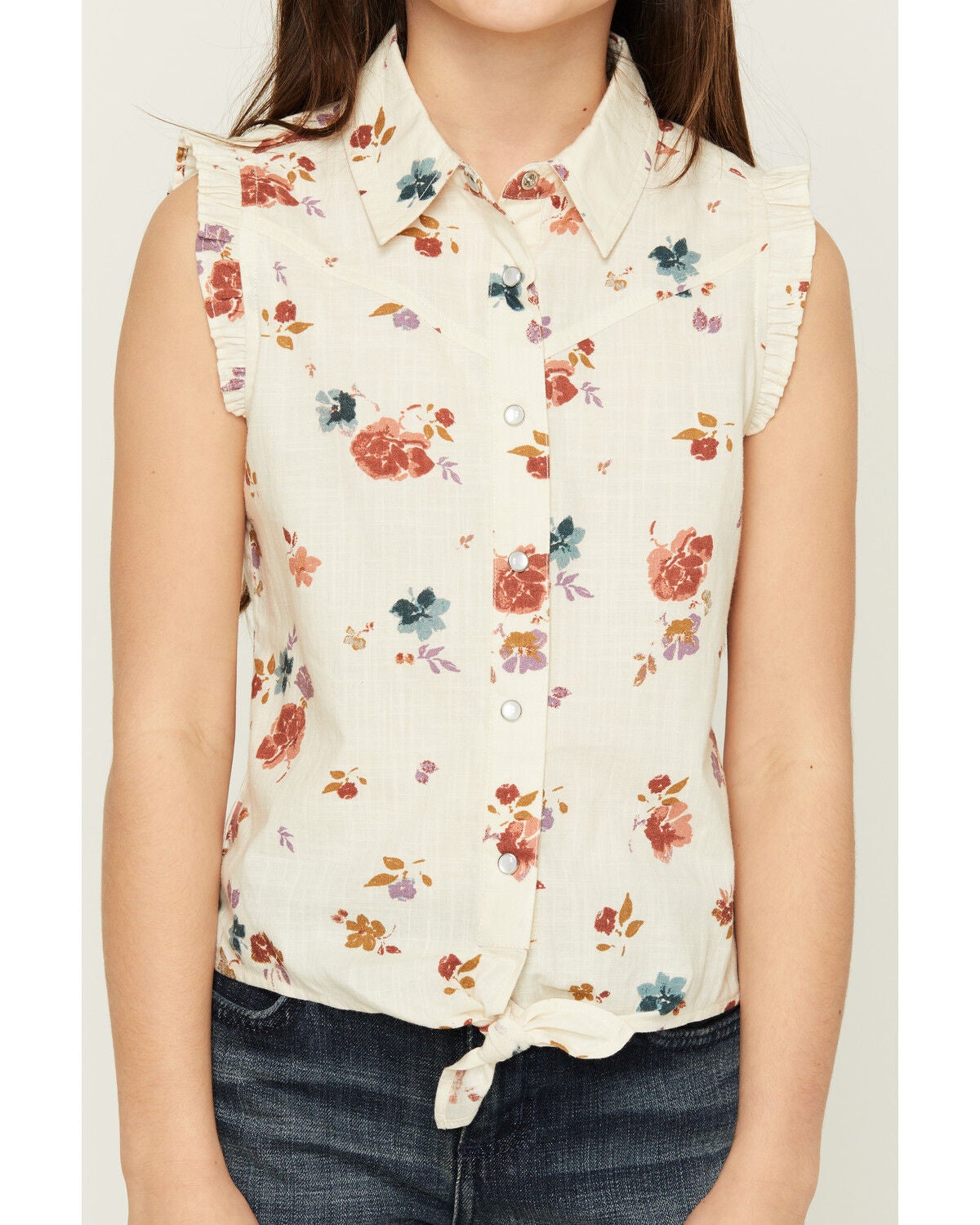 Image #3 - Shyanne Girls' Floral Print Sleeveless Snap Western Shirt, Oatmeal, hi-res