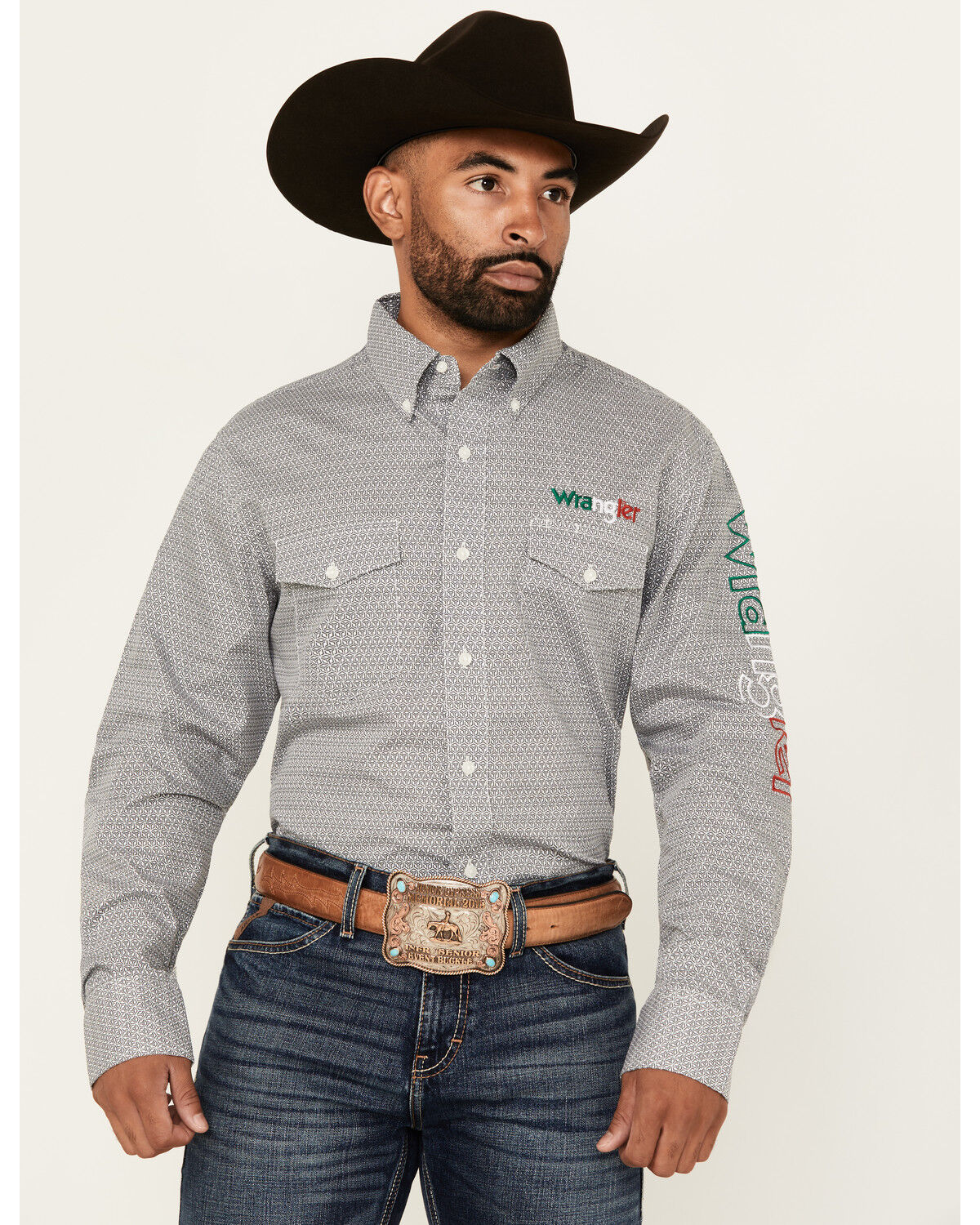 Image #1 - Wrangler Men's Mexico Flag Logo Geo Print Long Sleeve Button-Down Western Shirt, Grey, hi-res