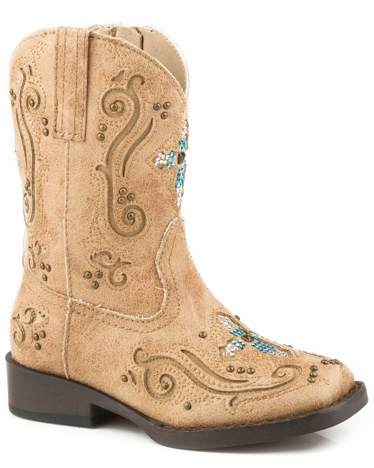 Image #1 - Roper Toddler Girls' Faith Crystal Cross Western Boots - Broad Square Toe, Tan, hi-res