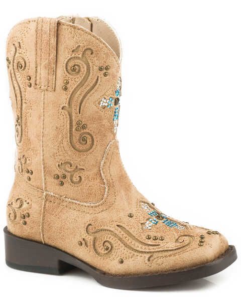 Roper Toddler Girls' Faith Crystal Cross Cowgirl Boots - Square Toe, Tan, hi-res