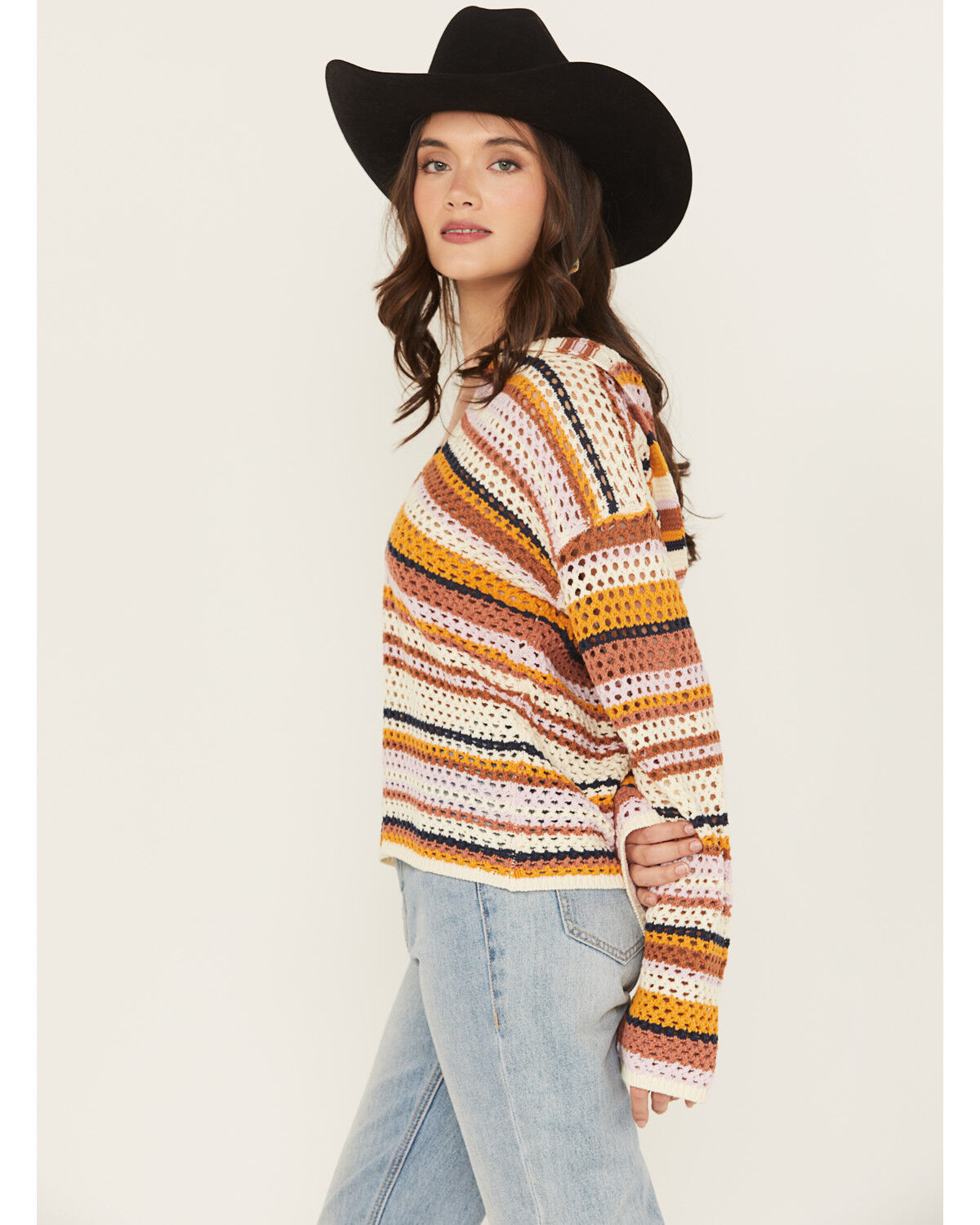 Image #2 - Cleo + Wolf Women's Open Stitch Striped Pullover, Rose, hi-res
