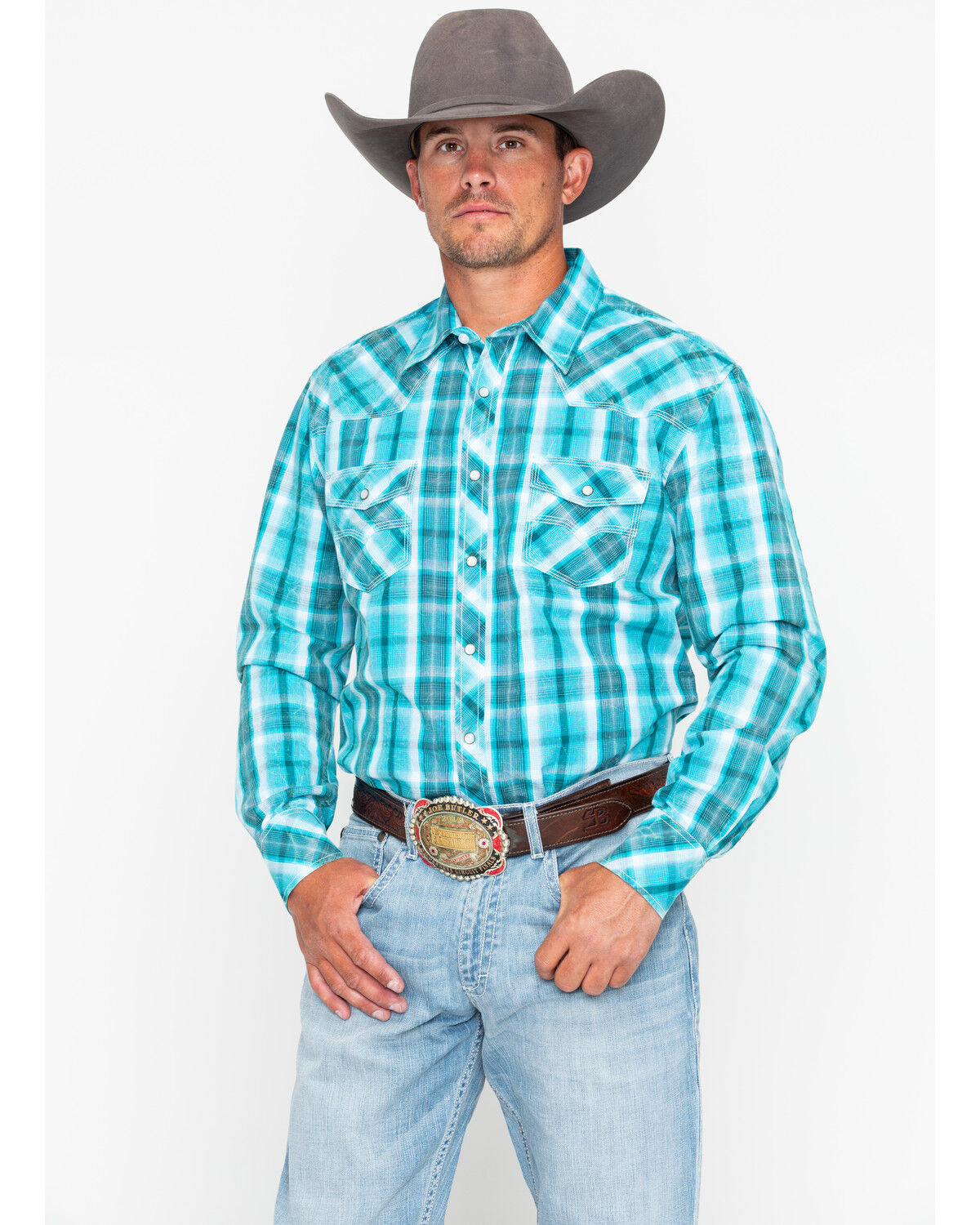 Image #1 - Rock & Roll Denim Men's Poplin Plaid Print Snap Long Sleeve Western Shirt, Blue, hi-res