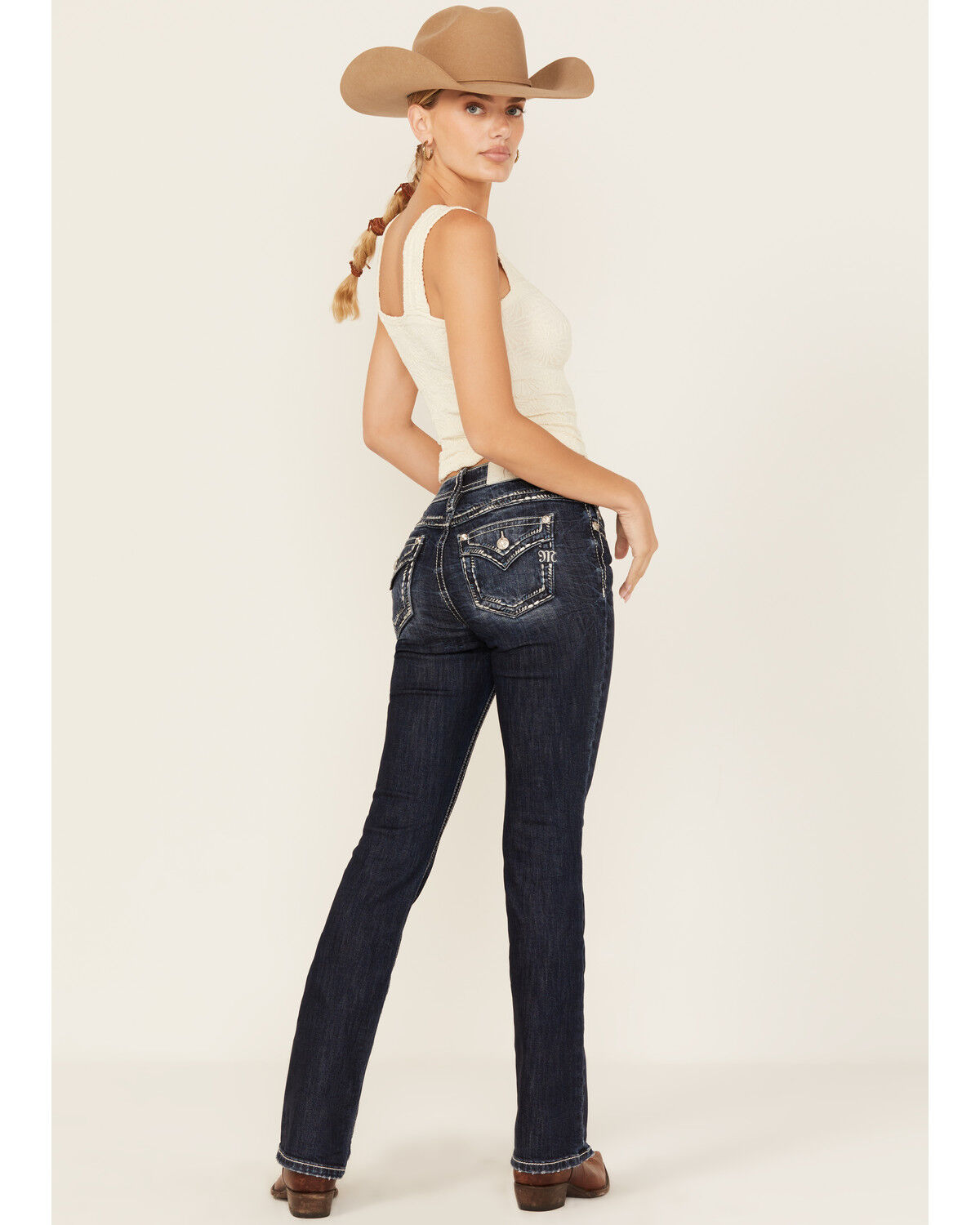 Image #1 - Miss Me Women's Dark Wash Mid Rise Whip Stitch Pocket Bootcut Stretch Denim Jeans, Dark Wash, hi-res