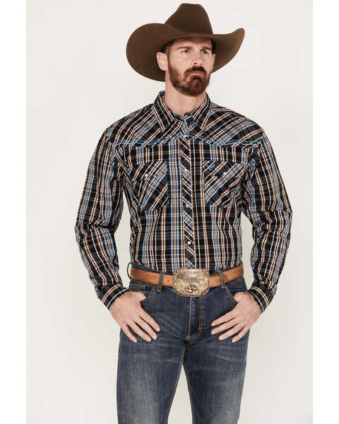 Cowboy Hardware Men's Austin Plaid Print Long Sleeve Pearl Snap Western Shirt, Black, hi-res