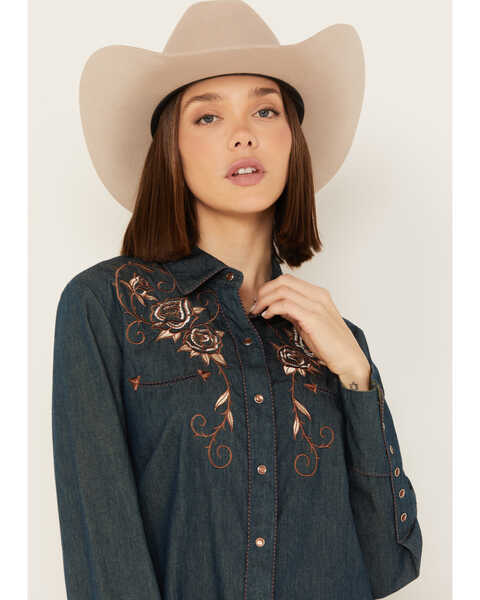 Image #2 - Scully Women's Rose Embroidered Denim Long Sleeve Pearl Snap Western Shirt, Blue, hi-res