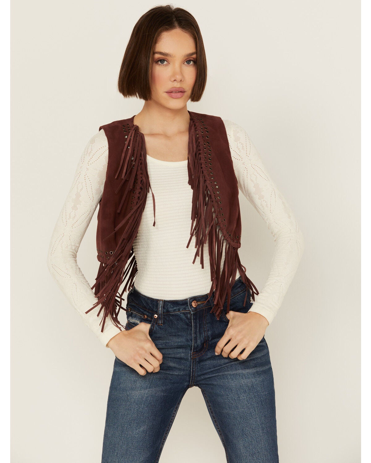 Shyanne Women's Short Fringe and Eyelet Suede Vest, Brown, hi-res