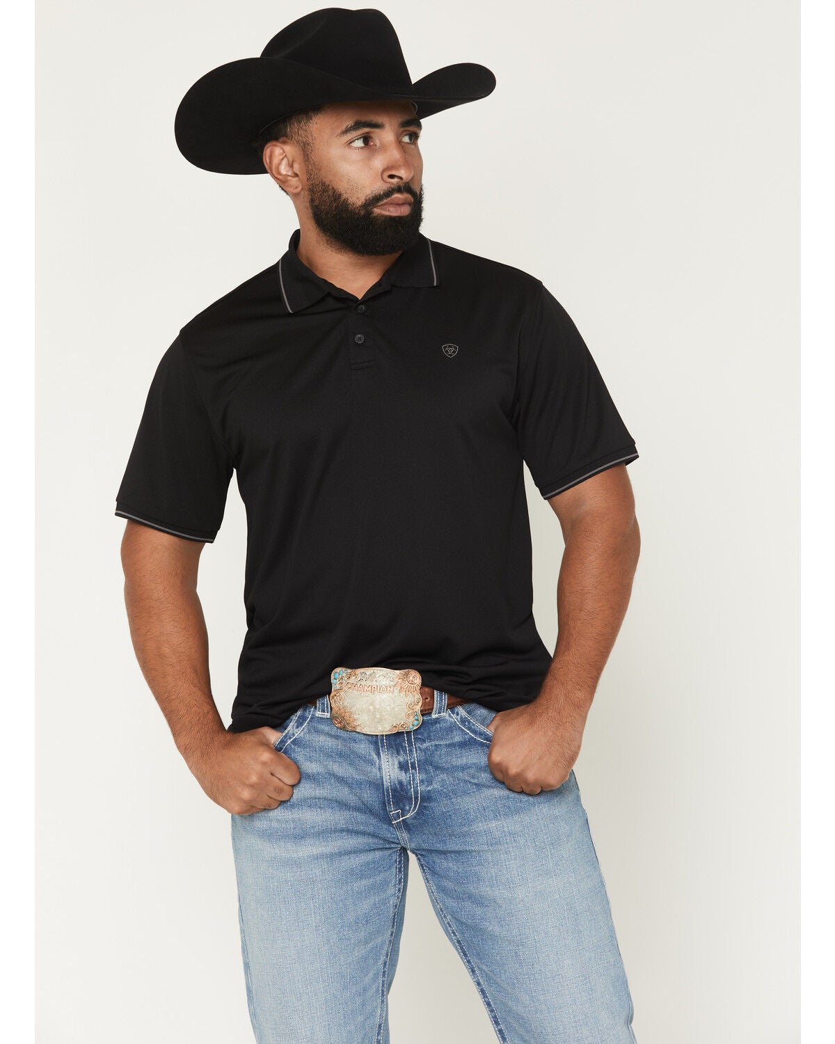 Ariat Men's Fitted Logo Short Sleeve Polo, Black, hi-res
