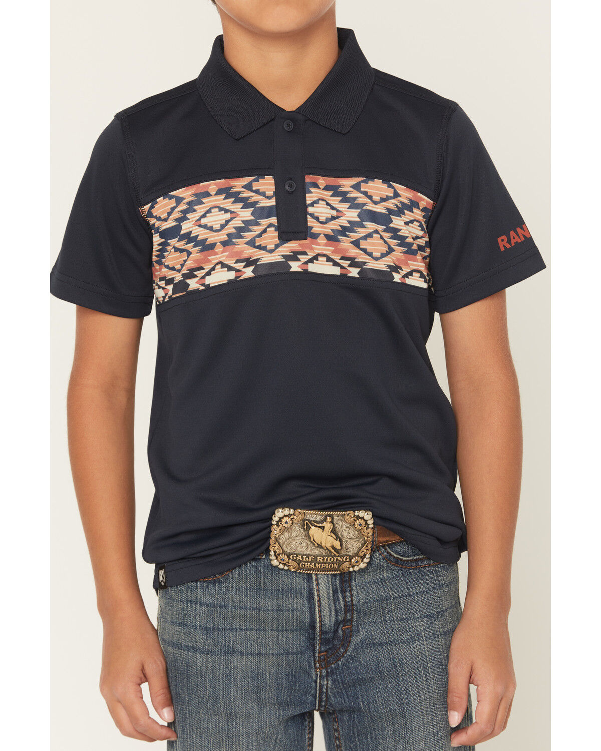 Image #3 - RANK 45® Boys' Southwestern Border Short Sleeve Button-Down Polo Shirt, Navy, hi-res