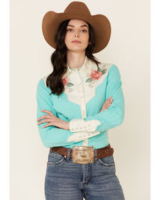 Rock & Roll Denim Women's Turquoise Rose Embroidered Long Sleeve Snap Western Shirt , Turquoise, hi-res