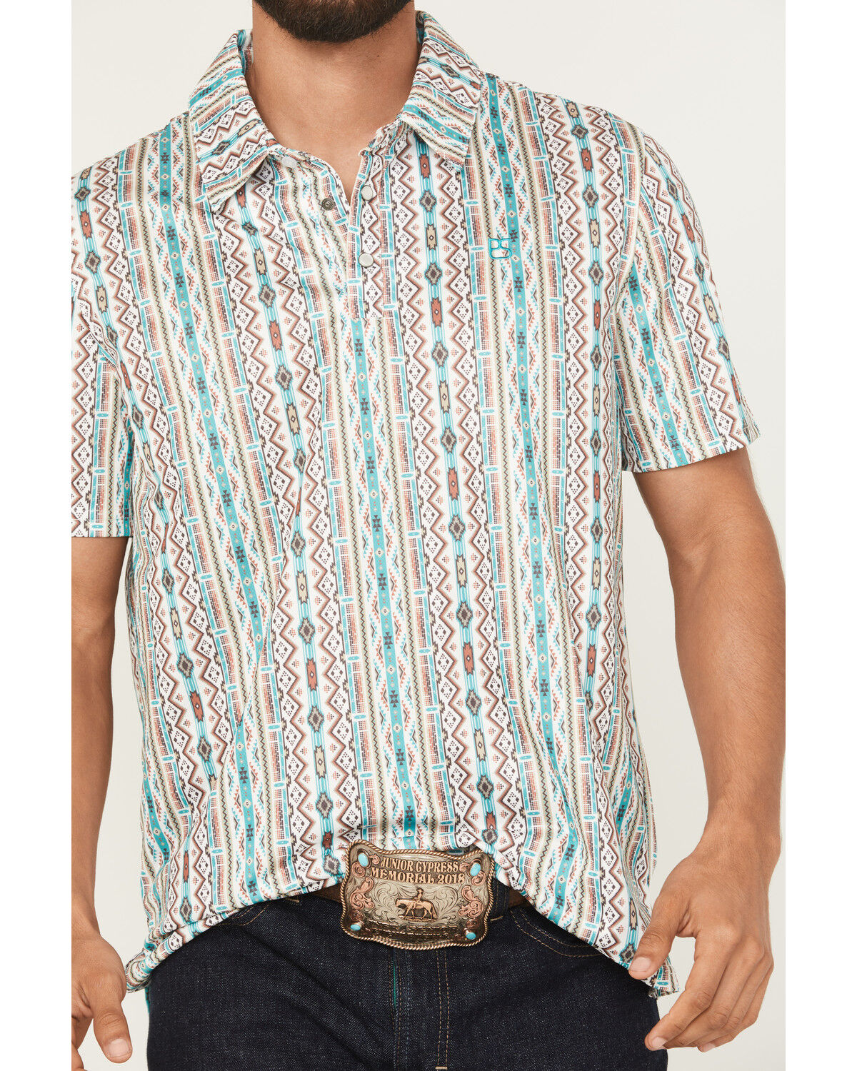 Image #3 - Panhandle Slim Men's Southwestern Striped Short Sleeve Pearl Snap Performance Polo, Multi, hi-res