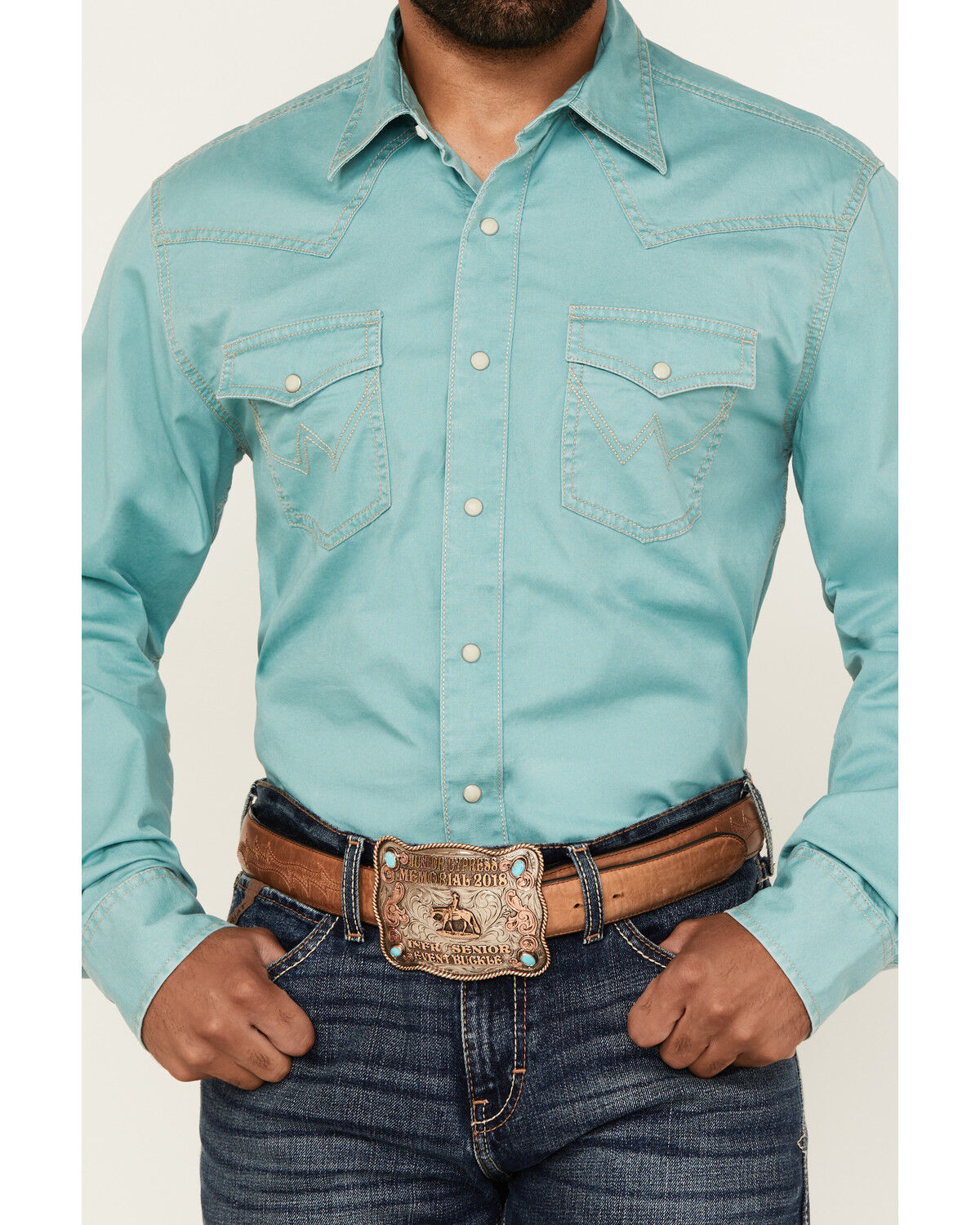 Image #3 - Wrangler Retro Men's Solid Long Sleeve Snap Western Shirt, Turquoise, hi-res