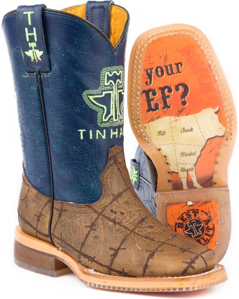 Tin Haul Boys' Barbed Wire All Beef Sole Cowboy Boots - Square Toe, Brown, hi-res