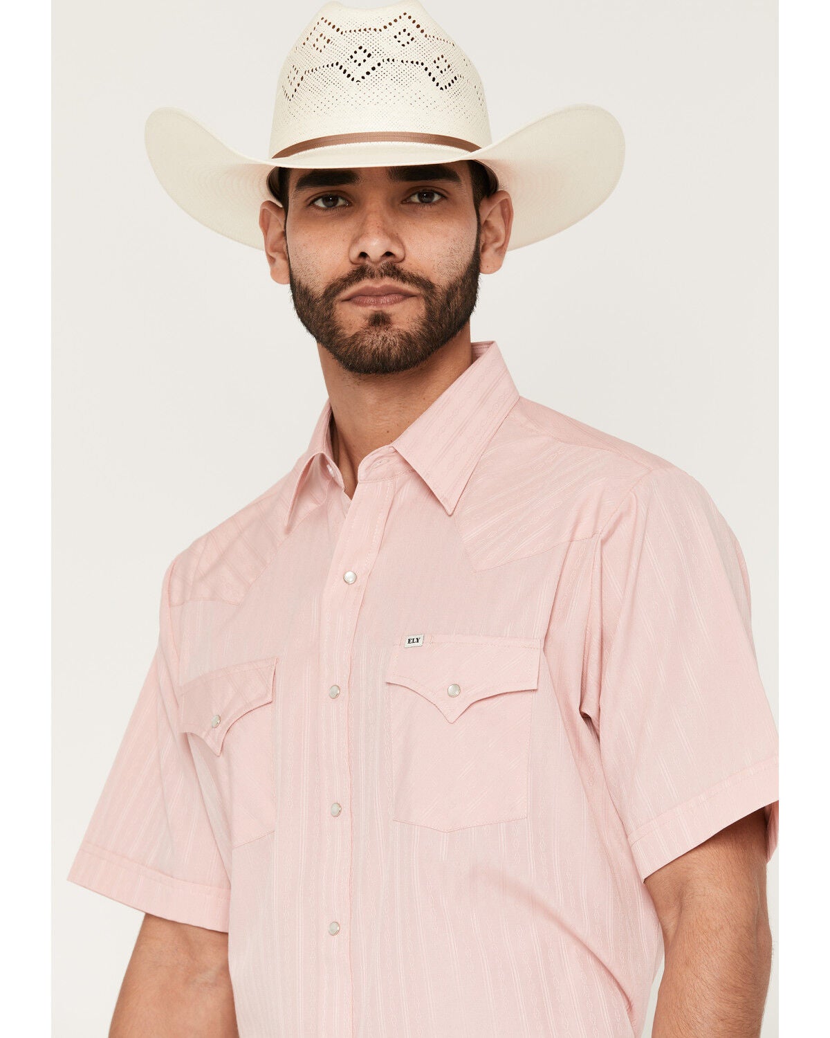 Image #2 - Ely Walker Men's Tonal Striped Short Sleeve Pearl Snap Western Shirt, Pink, hi-res