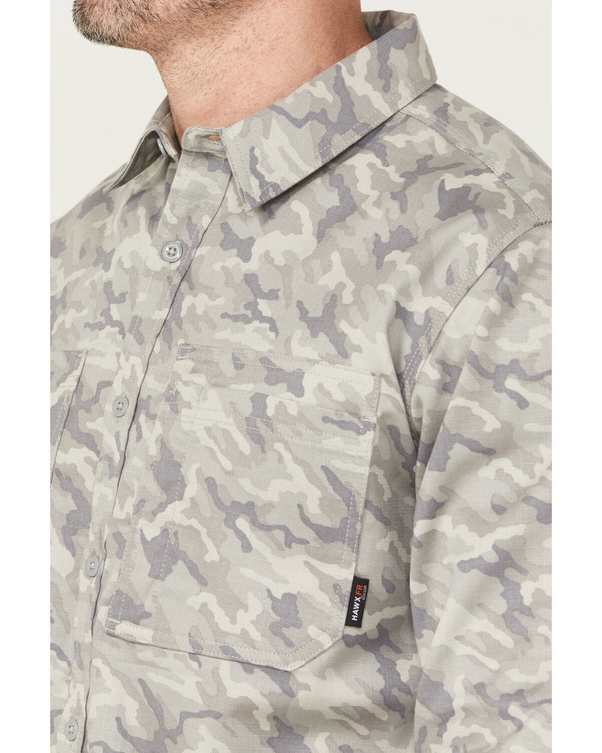 Image #3 - Hawx Men's FR Camo Print Long Sleeve Button-Down Stretch Work Shirt, Grey, hi-res