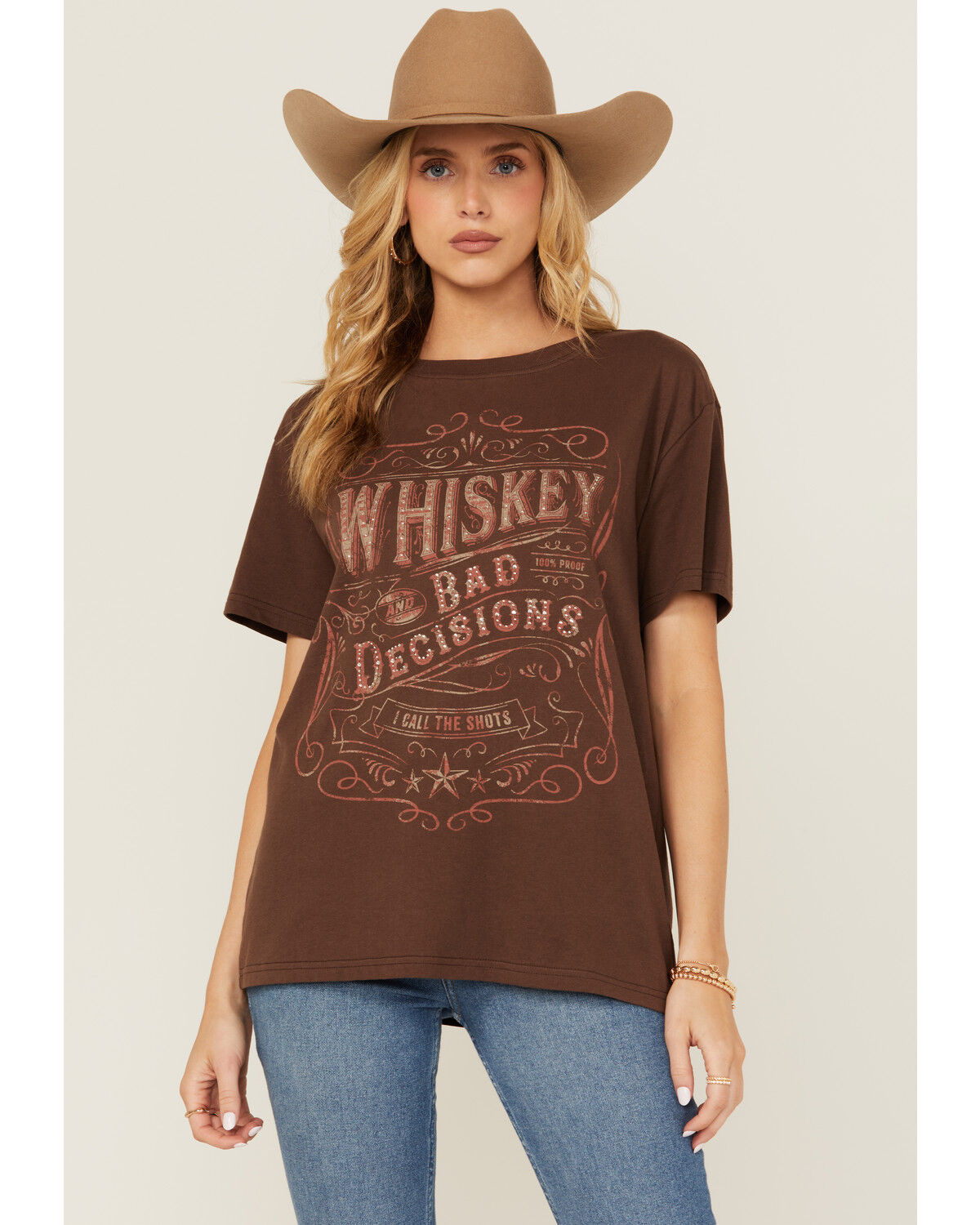 Image #1 - Shyanne Women's Whiskey Rhinestone Boyfriend Fit Short Sleeve Graphic Tee, Chocolate, hi-res