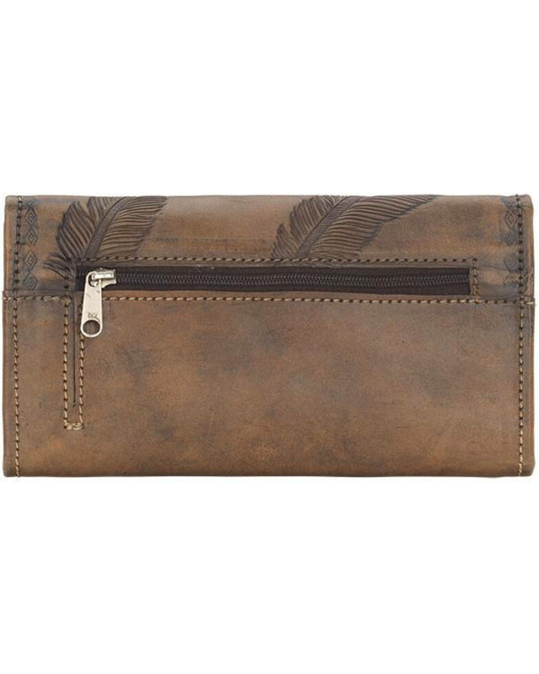 American West Women's Brown Tri-Fold Sacred Bird Feather Wallet , Distressed Brown, hi-res