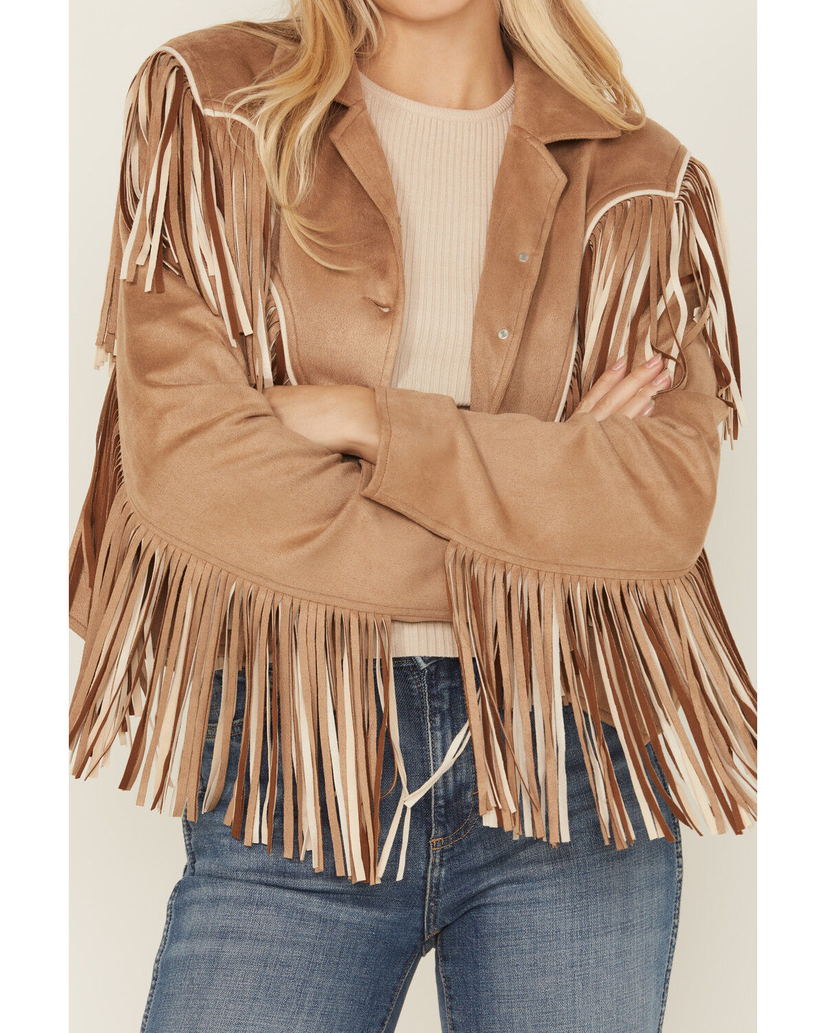 Image #3 - Saints & Hearts Women's Faux Fringe Suede Button-Down Jacket, Beige, hi-res