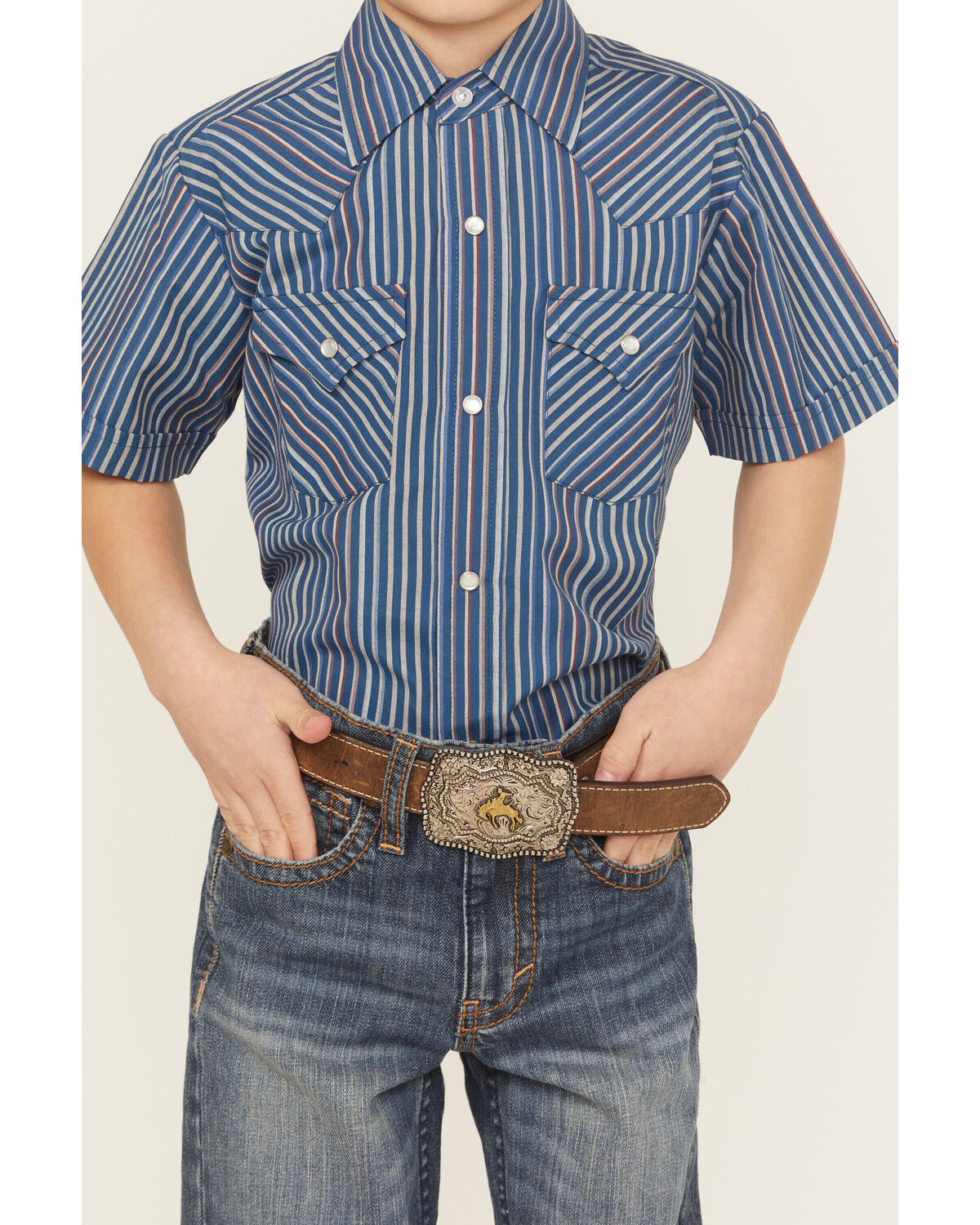 Image #3 - Ely Walker Boys' Striped Short Sleeve Pearl Snap Western Shirt, Navy, hi-res