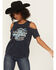 Image #1 - Shyanne Women's All American Rodeo Cold Shoulder Short Sleeve Graphic Tee, Indigo, hi-res