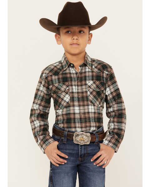 Roper Boys' Plaid Print Long Sleeve Snap Western Flannel Shirt, Brown, hi-res