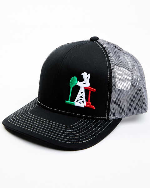 Oil Field Hats Men's Mexico Flag Oil Rig Embroidered Mesh-Back Black Ball Cap, Black, hi-res