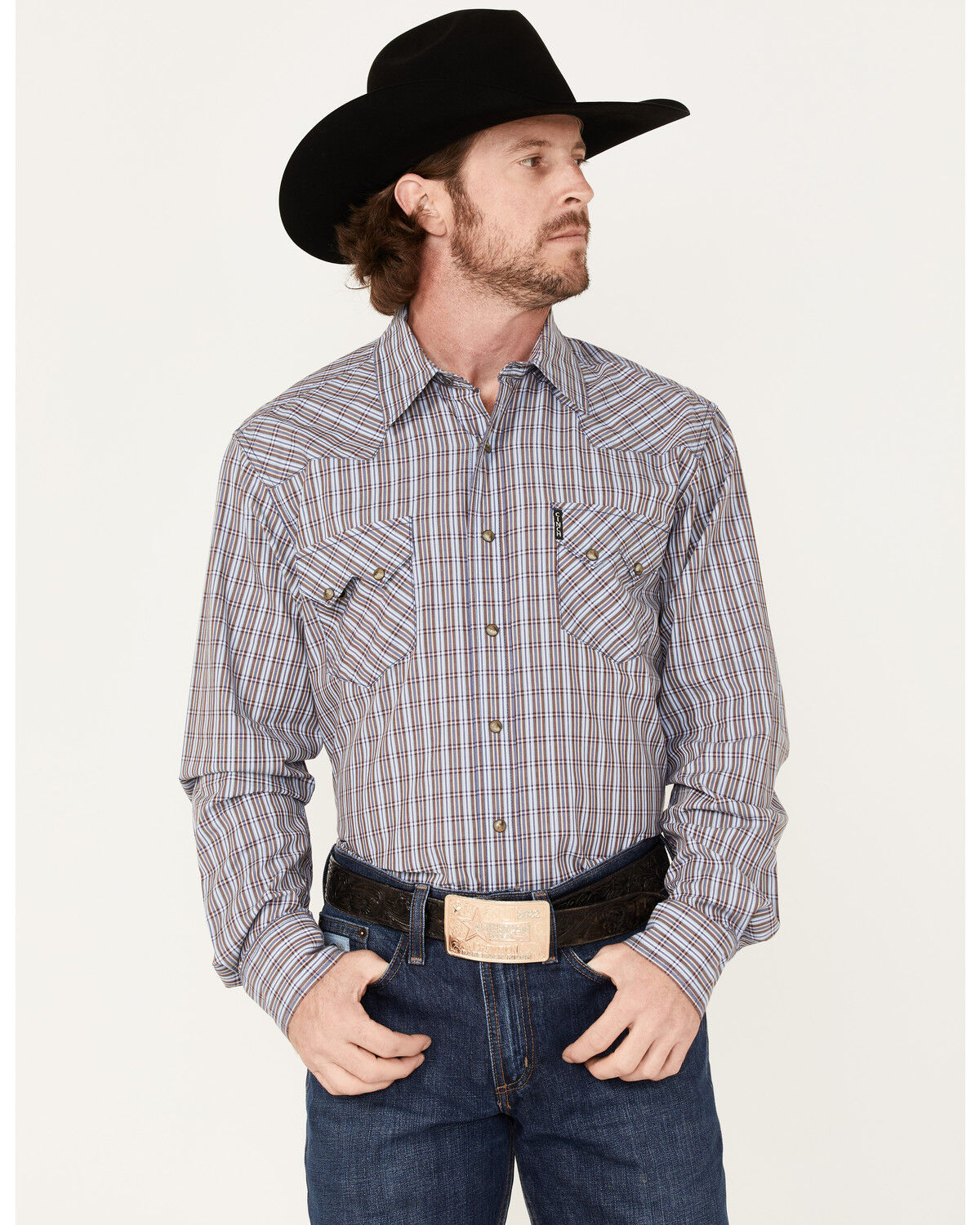 Image #1 - Cinch Men's Modern Fit Small Plaid Snap Western Shirt, Blue, hi-res