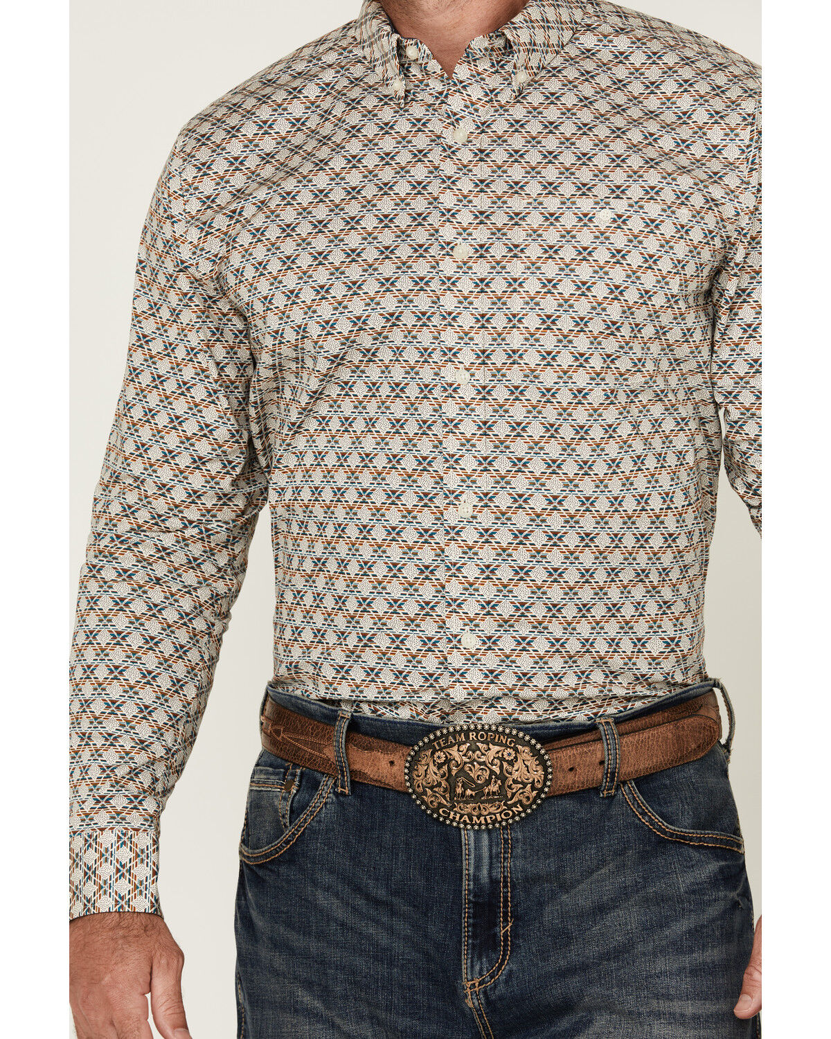 Image #3 - RANK 45® Men's Libreville Geo Print Long Sleeve Button-Down Performance Stretch Western Shirt, Dark Blue, hi-res