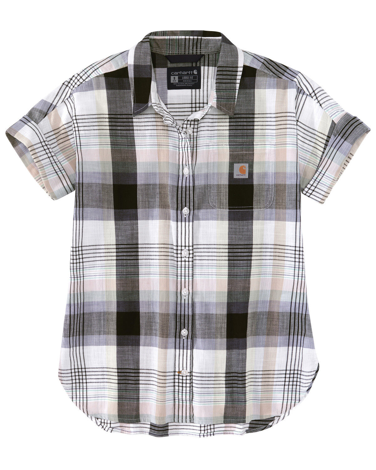Image #2 - Carhartt Women's Loose Fit Plaid Twill Short Sleeve Button Down Work Shirt, White, hi-res