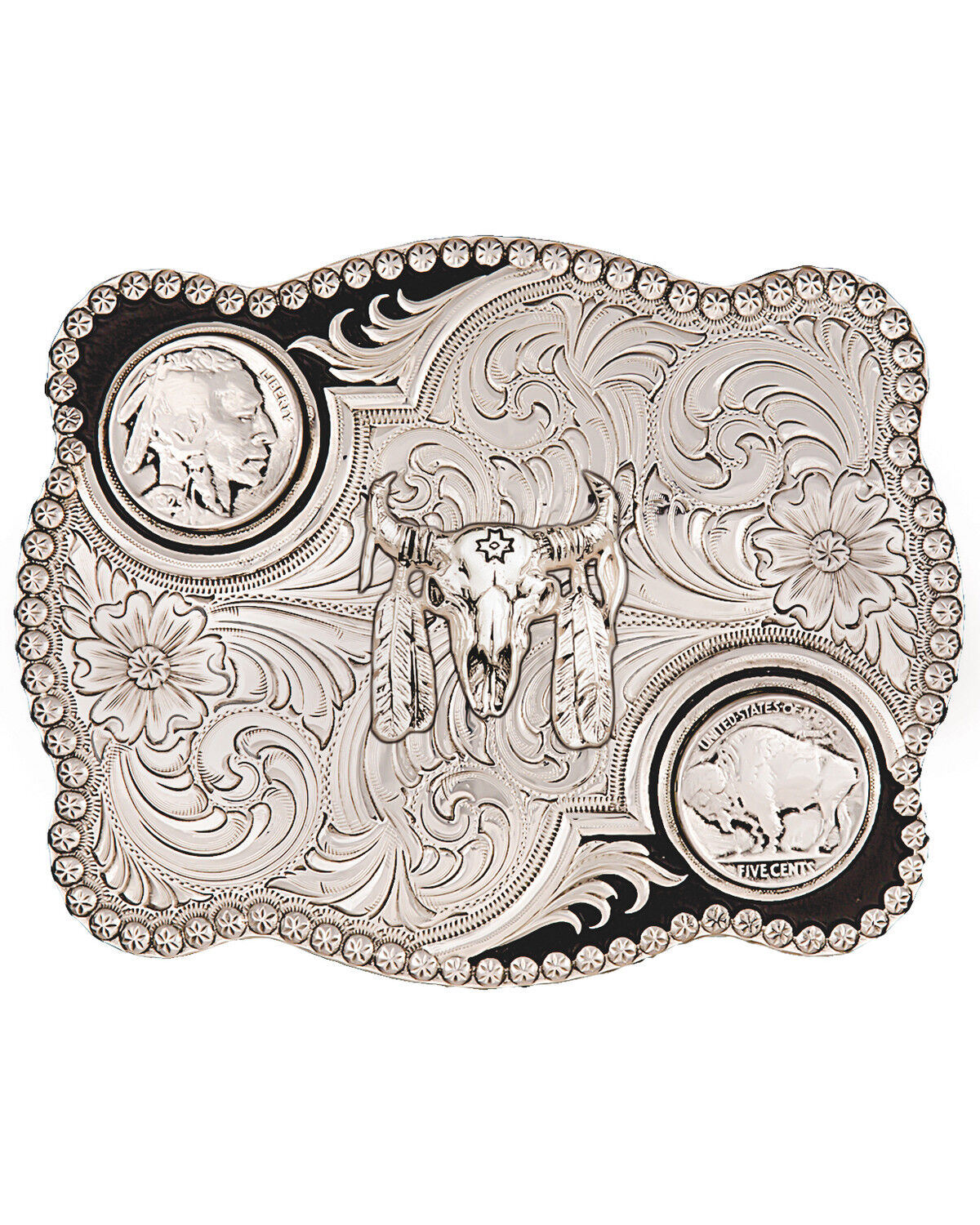 Image #1 - Montana Silversmiths Men's Antiqued Buffalo Nickel and Skull Buckle, Silver, hi-res