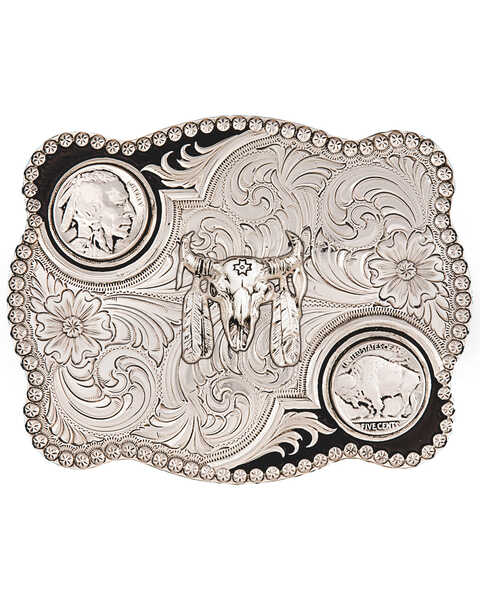 Montana Silversmiths Men's Antiqued Buffalo Nickel and Skull Buckle, Silver, hi-res