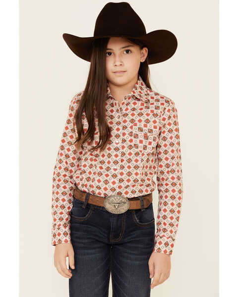 Image #1 - Cruel Girl Girls' Diamond Geo Print Long Sleeve Pearl Snap Western Shirt , Pink, hi-res
