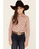 Image #1 - Cruel Girl Girls' Diamond Geo Print Long Sleeve Pearl Snap Western Shirt , Pink, hi-res