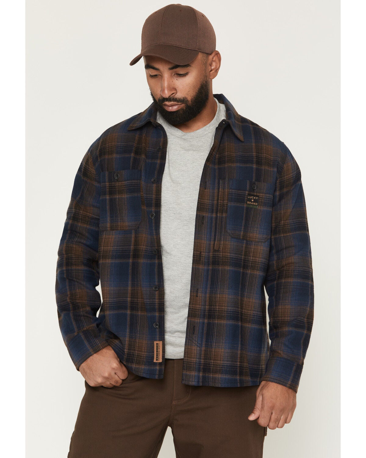 Lucky Brand Workwear Men's Rainer Plaid Print Long Sleeve Button-Down Flannel Shirt, Navy, hi-res